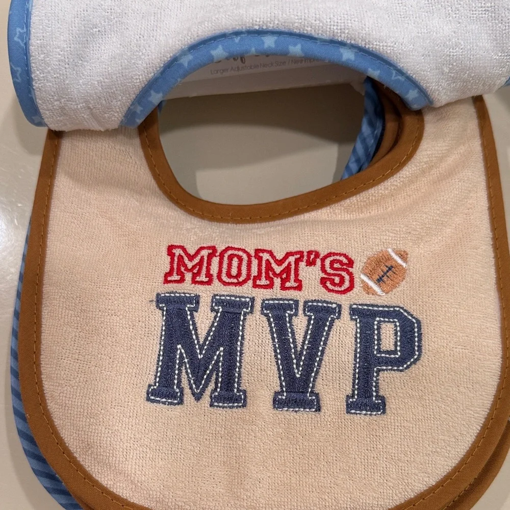 Blue Baby Bib Pack with Silicone Dolphin Teether and Neutral Chenille Socks